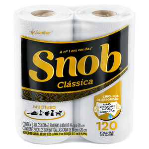 Papel Toalha Folha Dupla Multiuso Snob Clássica 19cm X 20cm Pacote 2 Unid.